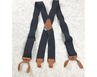 Vintage Suspenders Mens Wide Black Leather Button Loop Adjustable X-Back Braces