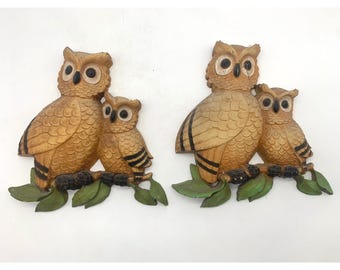 Vintage 1976 Homco Owl Wall Plaques Set of 2 Faux Wood Resin Decor 7403