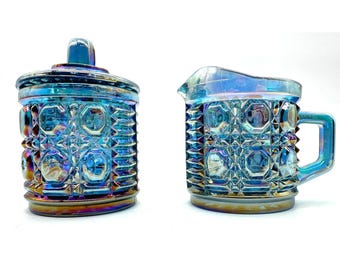 Blue Carnival Glass Cream and Sugar Set Iridescent Quilted Diamond Button Set