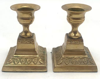 Vintage Brass Candlesticks Set of 2 Gold Square Ornate Embossed Leaf Pedestal