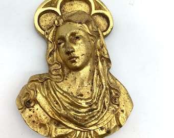 Vintage Virgin Mary Madonna Bust Plaque Gold Tone Metal Relief 3.25" Catholic