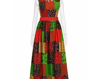 Vintage 70s Kenton Patchwork Print Pinafore Apron Dress Size L Cottagecore Boho