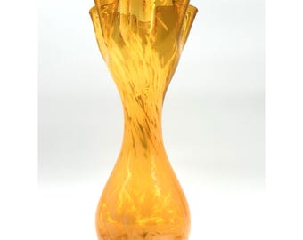 VTG Kelvin's Handblown Glass Vase Amber Orange White Swirl Ruffle Top MCM Japan