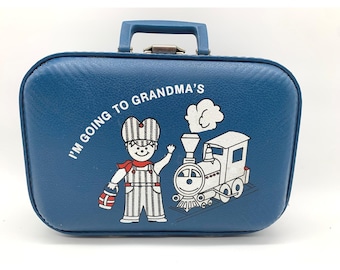 VTG Kids Suitcase Blue I'm Going To Grandma's Train Conductor Hardshell Luggage