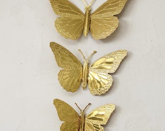 Set of 3 Vintage Gold Metal Butterfly Wall Decor USA