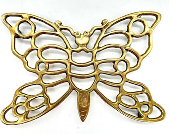 Vintage Brass Butterfly Trivet Heavy Metal Filigree Hot Plate Kitchen Decor 9"