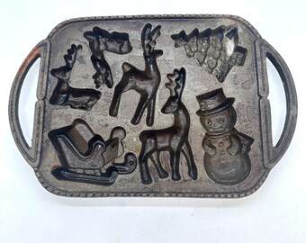 Vintage Lillian Vernon Cast Iron Christmas Muffin Pan Holiday Snowman Reindeer