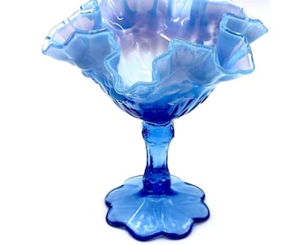 Vintage Fenton Blue Opalescent Glass Cherry Ruffled Compote Candy Dish 6.5"