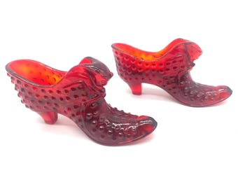 Vintage Fenton Cat Head Glass Slipper OS Ruby Hobnail Glass Decorative Shoe Set