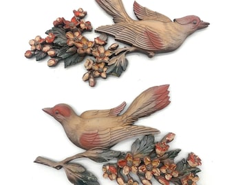 Syroco Wall Plaques Set of 2 Brown Vintage 1967 Bird Floral Mid Century Modern