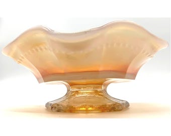 Vintage Marigold Carnival Glass Ruffled Footed Candy Dish Pedestal Bowl