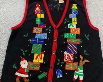 Bobbie Brooks Sweater Vest Womens XL Black Christmas Santa Reindeer Ramie Cotton