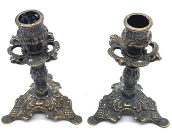 Vintage Italian Ornate Brass Candlesticks Pair 5.25" Baroque Gold Heavy Metal