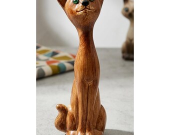 Vintage MCM Long Neck Cat Figurine Faux Wood Green Eyes 5"