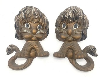 Homco Lion Wall Plaques Set of 2 Bronze Tone Vintage Mid Century Home Interiors