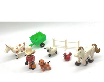 Vintage 1979 Fisher Price Little People Farm Toy Lot Cowboy Horse Wagon Fence