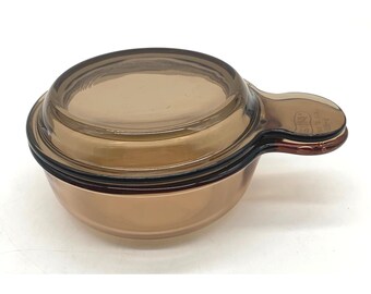 Vintage Corning Visions Amber Grab It Bowl 15oz V-150-B Pyrex Glass Lid P-150-C