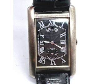 Vintage Guess Steel Mens Tank Watch Black Dial Leather Strap New Battery