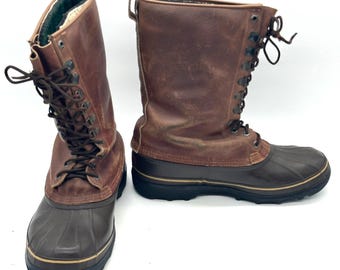 Sorel Mens Caribou Winter Duck Boots 12 Brown Leather Rubber Canada Waterproof