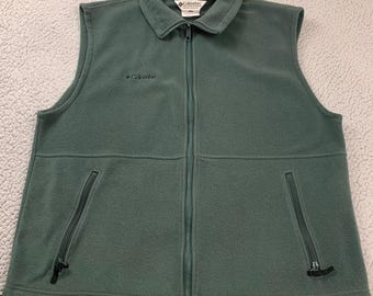 Columbia Fleece Vest Mens Large Green Full Zip Zipper Pockets Cinch Hem