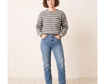Vintage 90s Lizsport Striped Sweater Womens Petite SP Lambswool Crewneck Knit