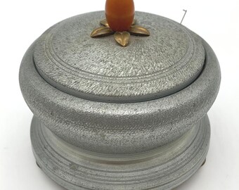 Vintage Spun Aluminum Musical Powder Box Bakelite Finial Greek Key Feet Vanity