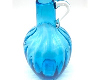 Hand Blown Glass Pitcher Turquoise Blue Optic Rib Applied Handle Carafe 9.5in