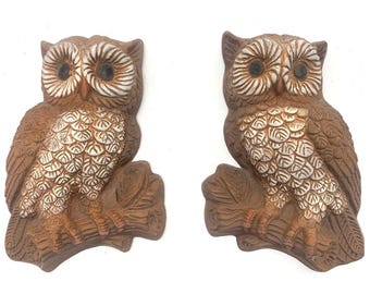 Vintage Owl Wall Plaques Pair Brown Faux Wood Burwood Style Retro Boho Decor