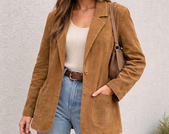 Chaqueta tipo blazer de gamuza Savannah para mujer, talla 14, color marrón, estilo vintage, con un solo botón.