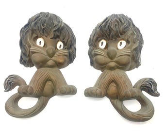 Homco Lion Wall Plaques Set of 2 Bronze Tone Vintage Mid Century Home Interiors
