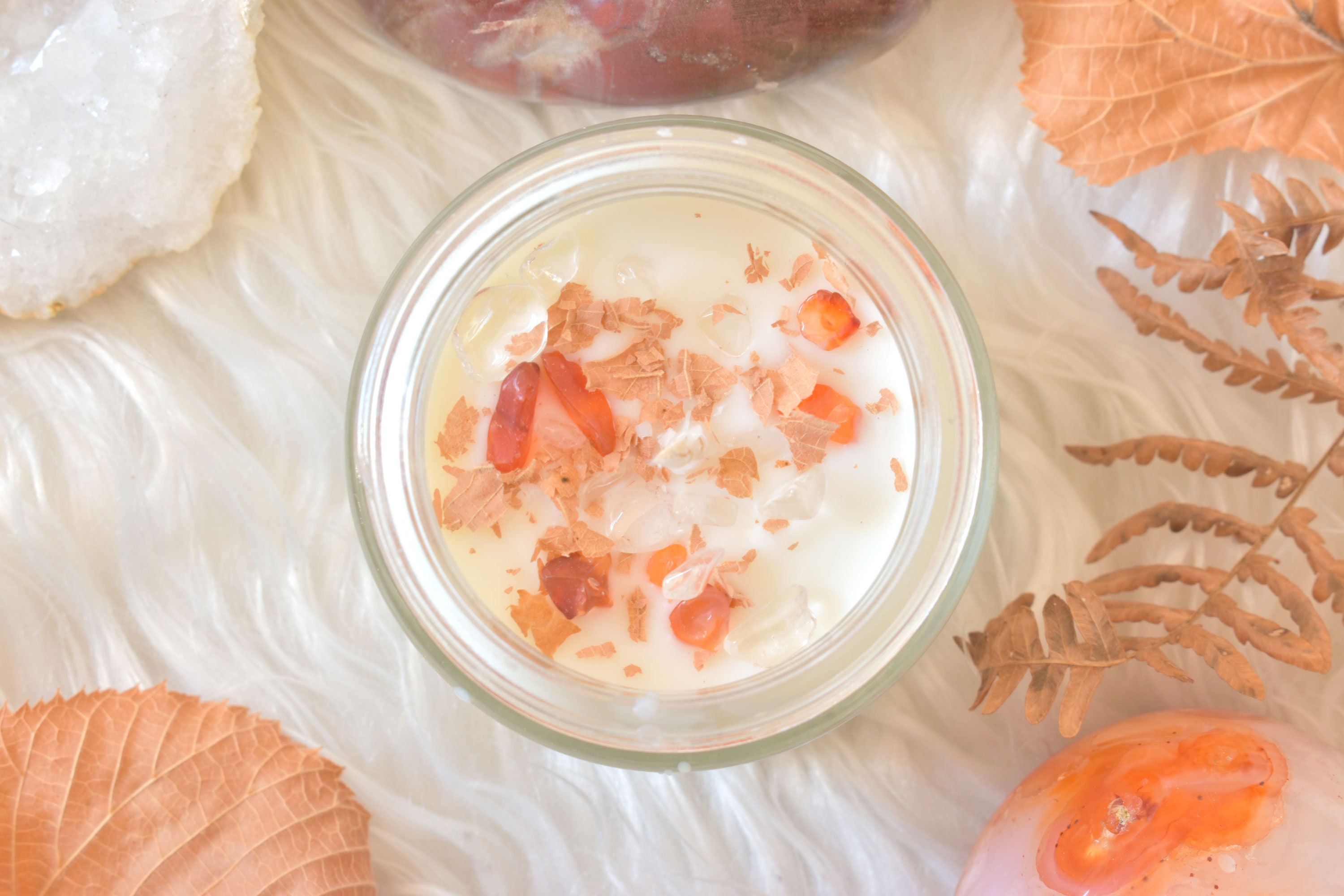 Bougie Mabon Équinoxe d'automne - Bougie Fleurs Séchées Pierre Witch Sabbat Cristalline Lithothérapi