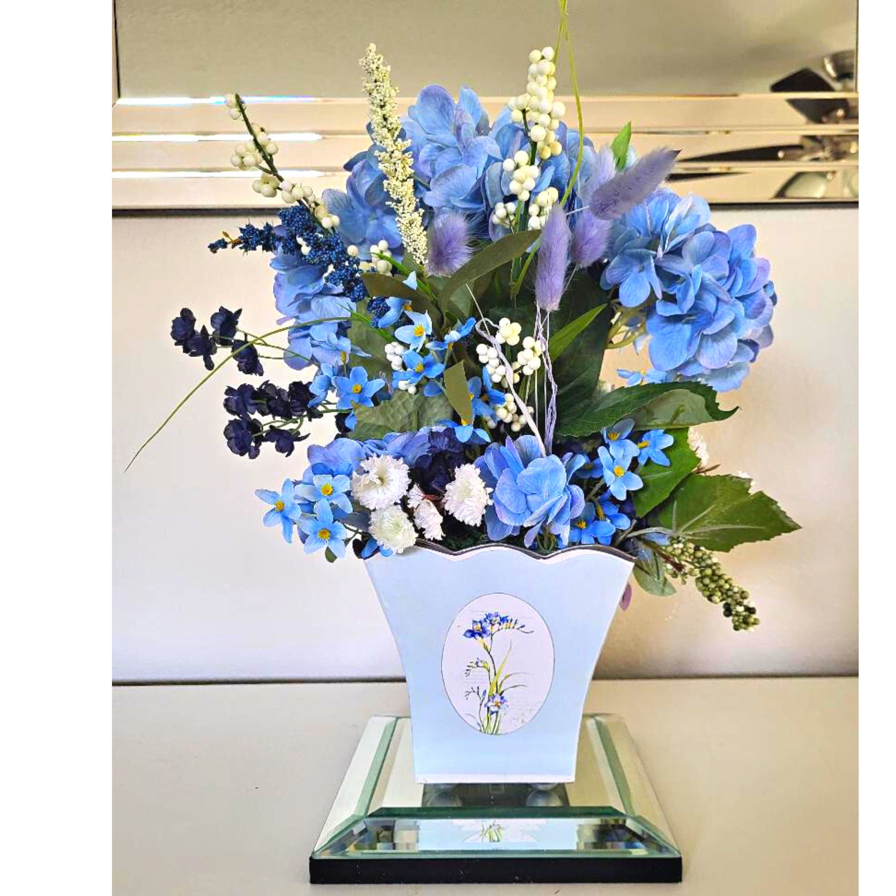 Blue Centerpiece With Hydrangeas Daisies photo picture