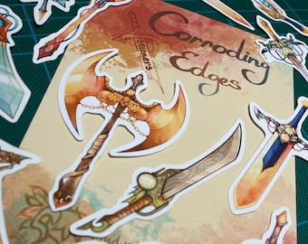 Corroding Edges - Steampunk / Fantasy swords stickers - Paper scrapbook stickers - 15pcs