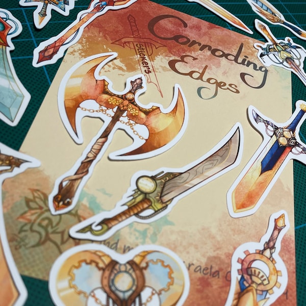 Corroding Edges - Steampunk / Fantasy swords stickers - Paper scrapbook stickers - 15pcs