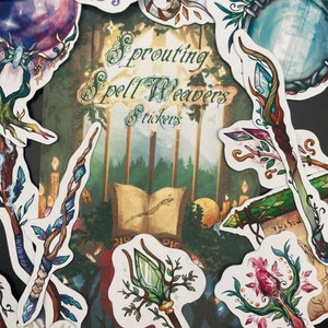 May include: A collection of colourful stickers featuring whimsical illustrations of magical staffs and wands. The stickers are decorated with intricate details, including crystals, leaves, and flowers. The text "Sprouting Spell Weavers Stickers" is visible in the centre of the image.