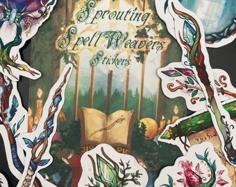 Sprouting Spell Weavers - Fantasy staff and wand stickers - paper scrapbook stickers - 15pcs