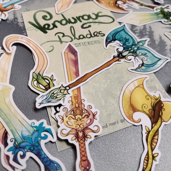 Verdurous Blades - Fantasy swords stickers - Paper scrapbook stickers - 15pcs