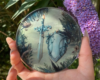 Meadow Hero's Rest - Glass Coaster - Fantasy Illustration, sword and shield - Creative Mug Rest - 1 Piece