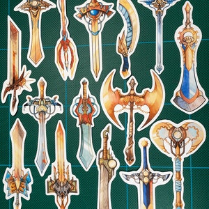 May include: A collection of 15 colorful, detailed, and intricately designed sword stickers. The stickers feature a variety of styles, including fantasy, medieval, and steampunk. The stickers are perfect for adding a touch of whimsy and personality to any surface.