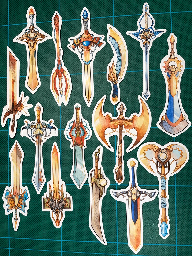 May include: A collection of 15 colorful, detailed, and intricately designed sword stickers. The stickers feature a variety of styles, including fantasy, medieval, and steampunk. The stickers are perfect for adding a touch of whimsy and personality to any surface.