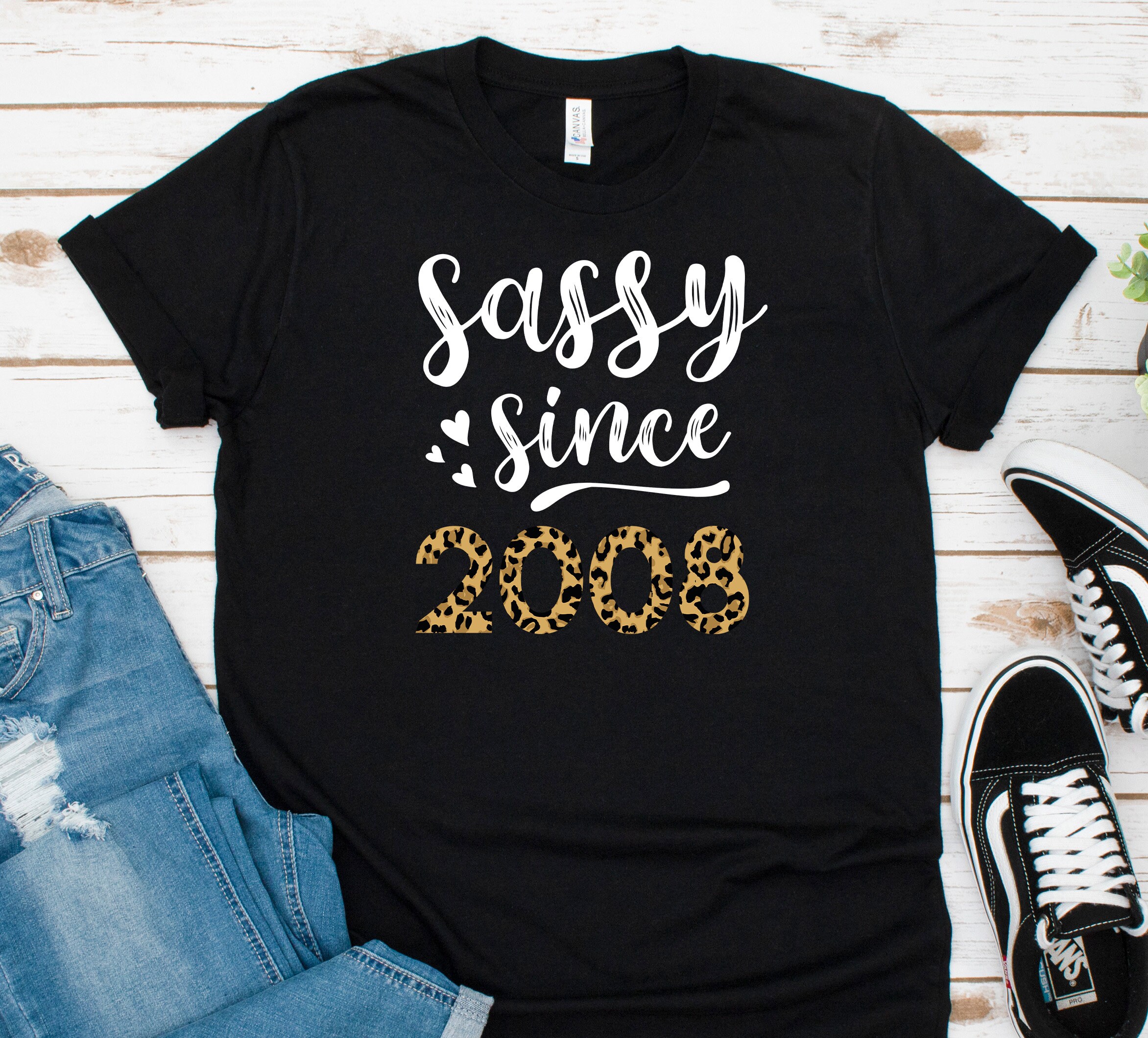 Discover Sassy Since 2008 Tshirt, 15th Birthday Shirt,  Leopard 2008 Birthday Shirt, Leopard 15th Birthday Tshirt