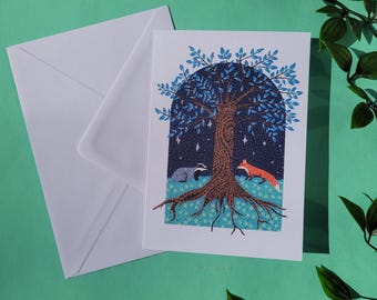 Night-time Fox and Badger Greetings Card