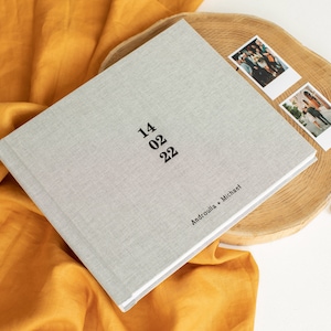 Grey linen wedding guest book with personal embossing, polaroid photo album, instax guest book