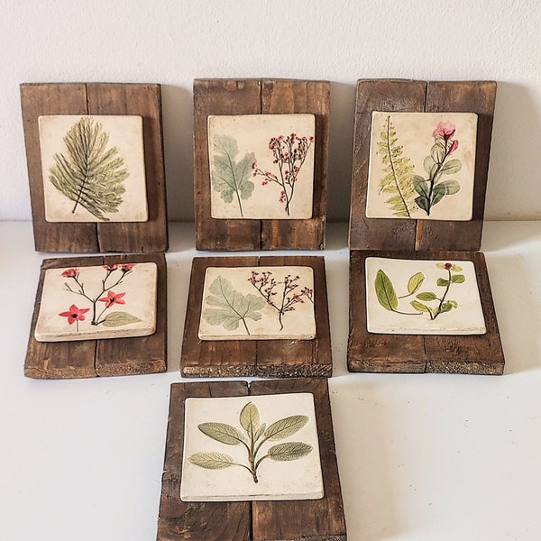 Botanical picture, ceramic tile, ulive, decorative wood panel, handmade, reclaimed wood