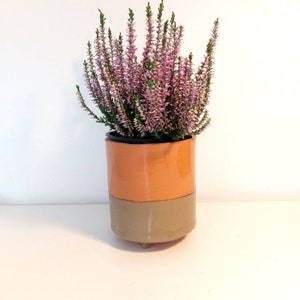 Può includere: Un vaso in ceramica con una smaltatura bicolore in tonalità arancio e marrone. Il vaso ha una base rotonda ed è decorato con un piedistallo in metallo dorato. Il vaso è riempito con una pianta fiorita rosa.
