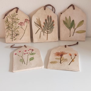 Ceramic panel, wall decoration, hanging tile, botanical impression, sage, handmade