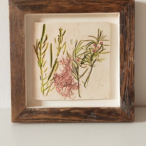 Handmade ceramic tile wall art - unique framed artwork with reclaimed wood, botanical design