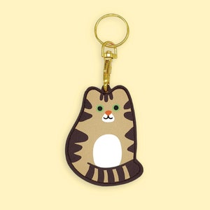 Brown Tabby Cat Keyring - Faux Leather bag charm colourful Evannave illustration cute cartoon striped kitty animal gift fun pet portrait fob