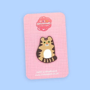 Brown Tabby Cat Pin Badge - Faux Leather mini brooch - colourful Evannave cute gift fun striped tiger kitten cartoon pet portrait animal