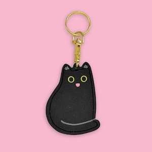 Happy Black Cat Keyring - Faux Leather bag charm colourful Evannave illustration cute cartoon kitten animal funny gift pet portrait key fob